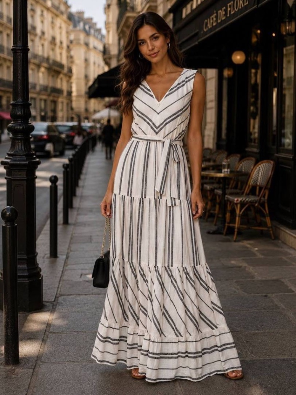 DKNY Women’s Black/White Striped V-neck Sleeveless Maxi Dress with Tie